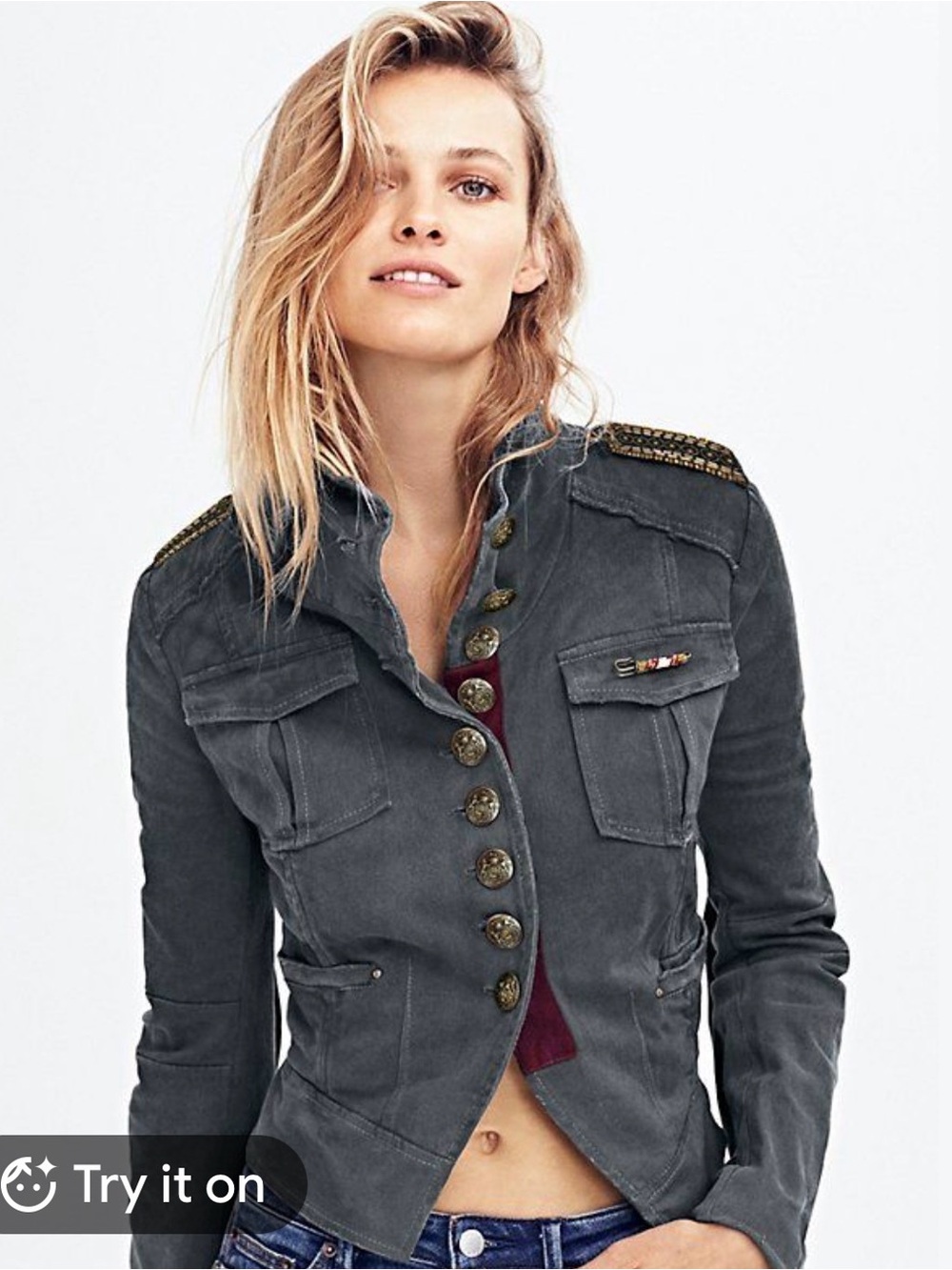 Free People Military, Sergeant Pepper, Utility Grey Distressed Button Jacket. L